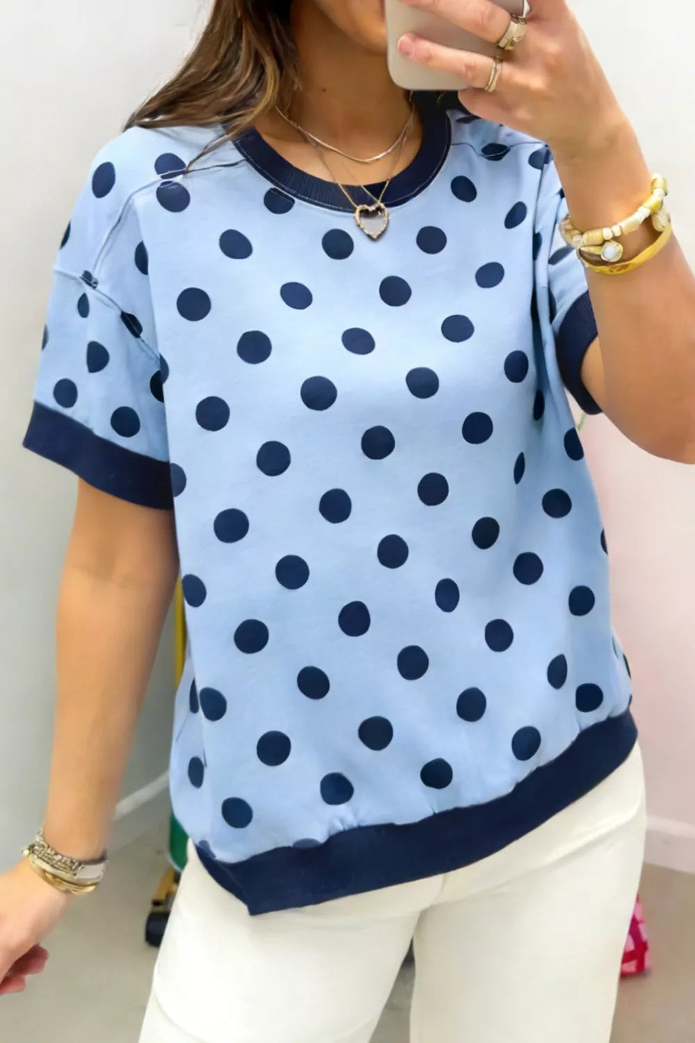 Light Blue Polka dot short sleeve knit top with ribbed contrast trim
