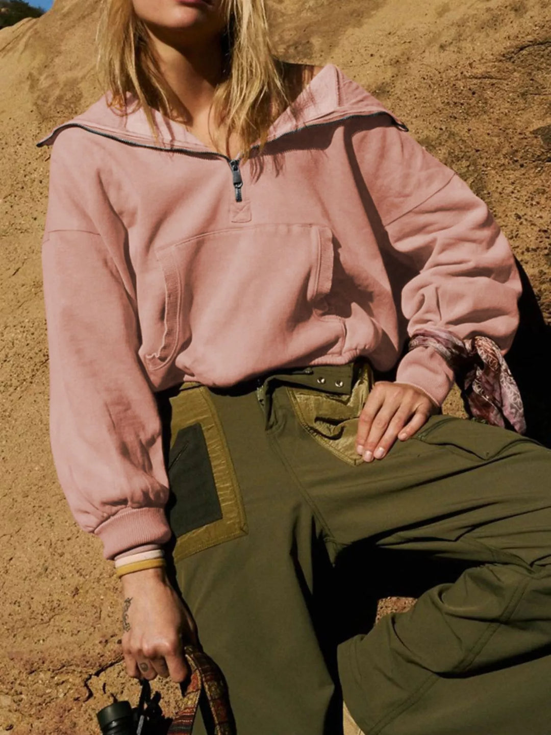 Lotus Color Half-zip hoodie with dropped shoulders and kangaroo pocket