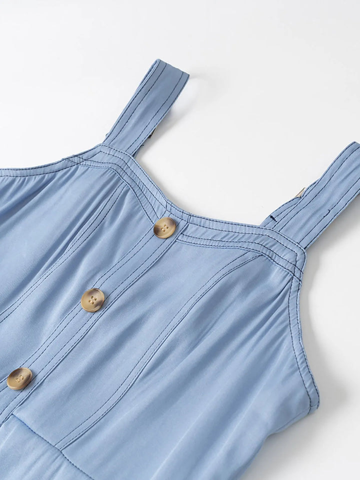 Sweetheart neckline button-front denim maxi dress with pockets
