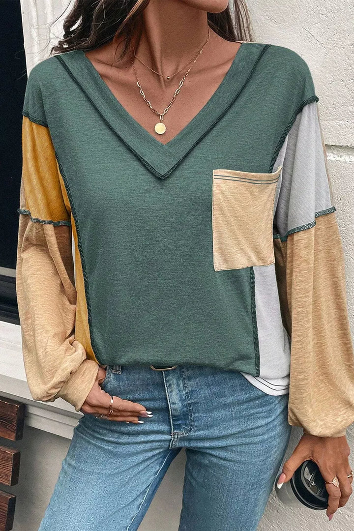 Color block V-neck long sleeve top with chest pocket