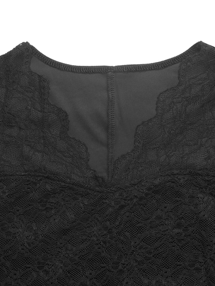 Lace bodice velvet midi dress with long sheer sleeves