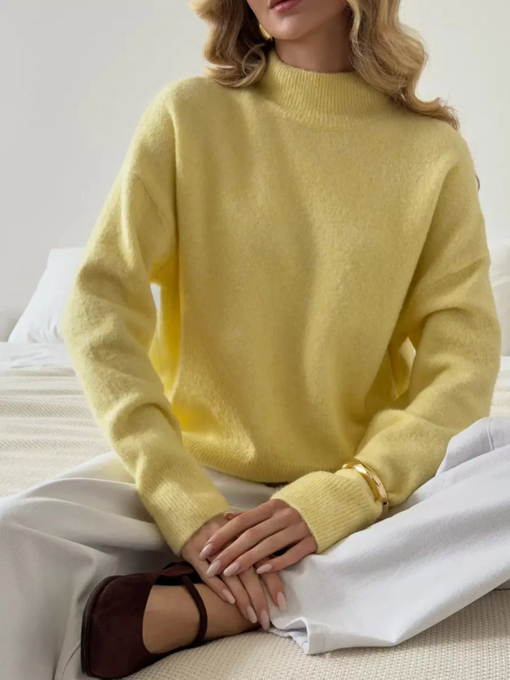 Pastel Yellow Ribbed mock neck dropped shoulder knit sweater