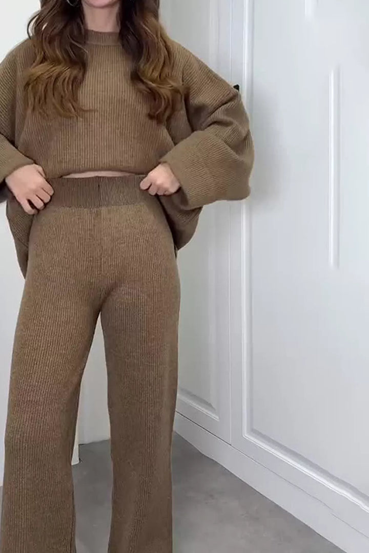Ribbed knit dropped shoulder sweater and wide leg pants set