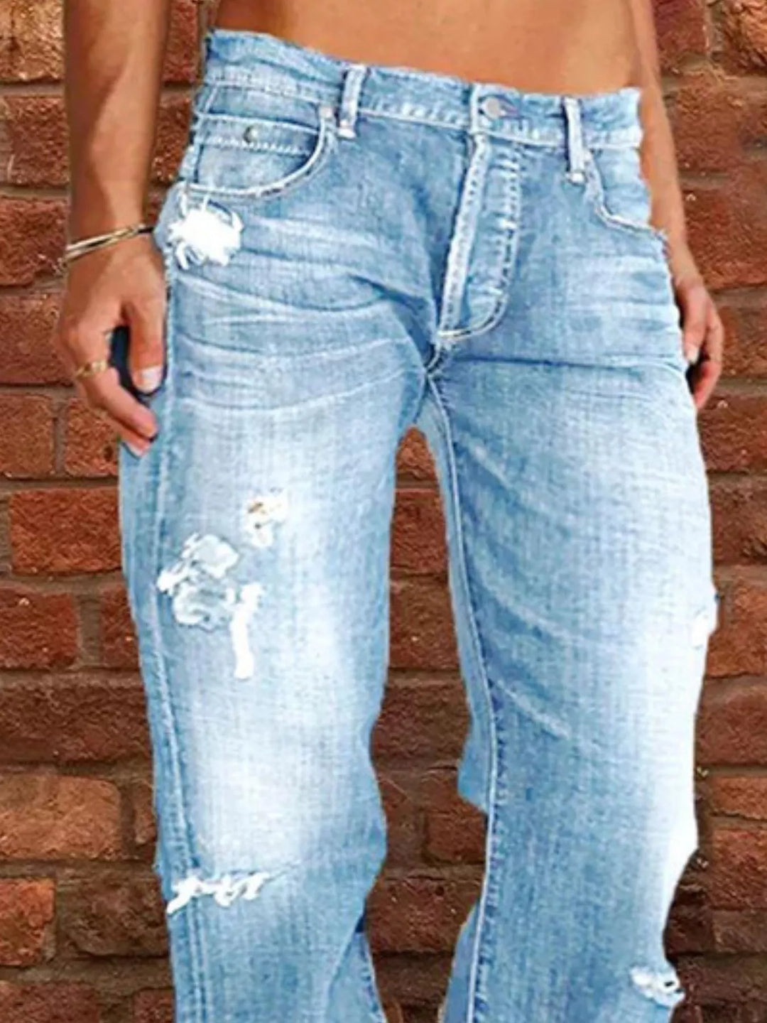 Distressed straight-leg jeans with raw frayed hem