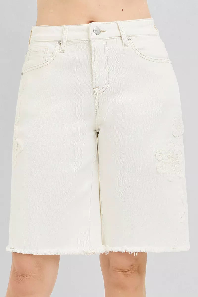 CREAM Relaxed Bermuda denim shorts with floral embroidery and raw hem