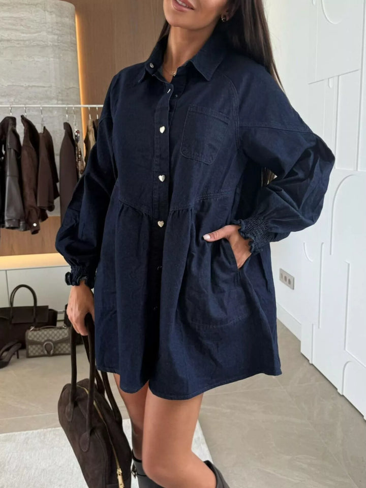 Button-down denim shirt dress with puff sleeves and pockets