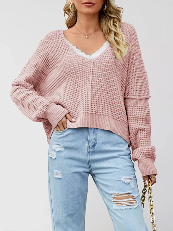 Waffle knit drop shoulder sweater with ribbed cuffs