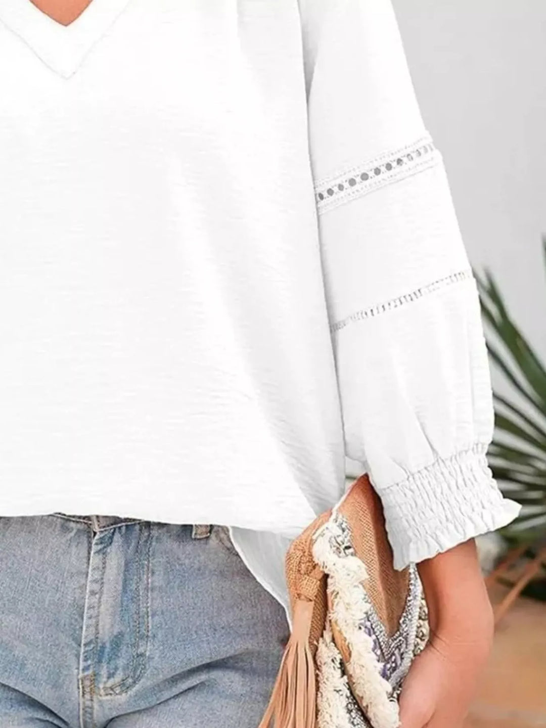 Openwork lace trim blouse with smocked cuffs and split neck