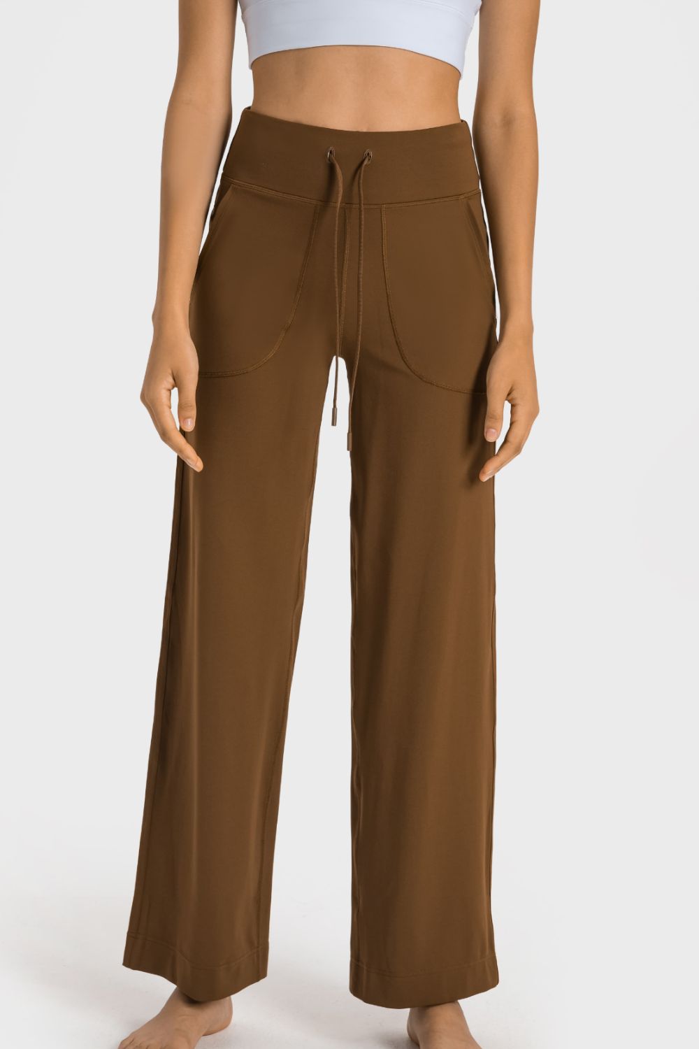 High-waist drawstring wide leg pants with patch pockets