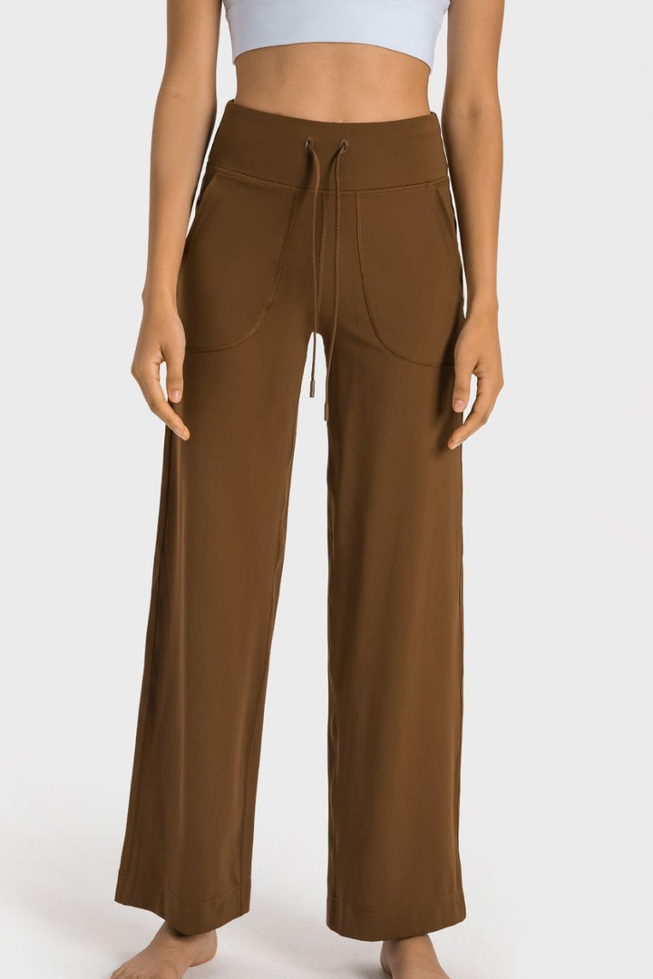 High-waist drawstring wide leg pants with patch pockets