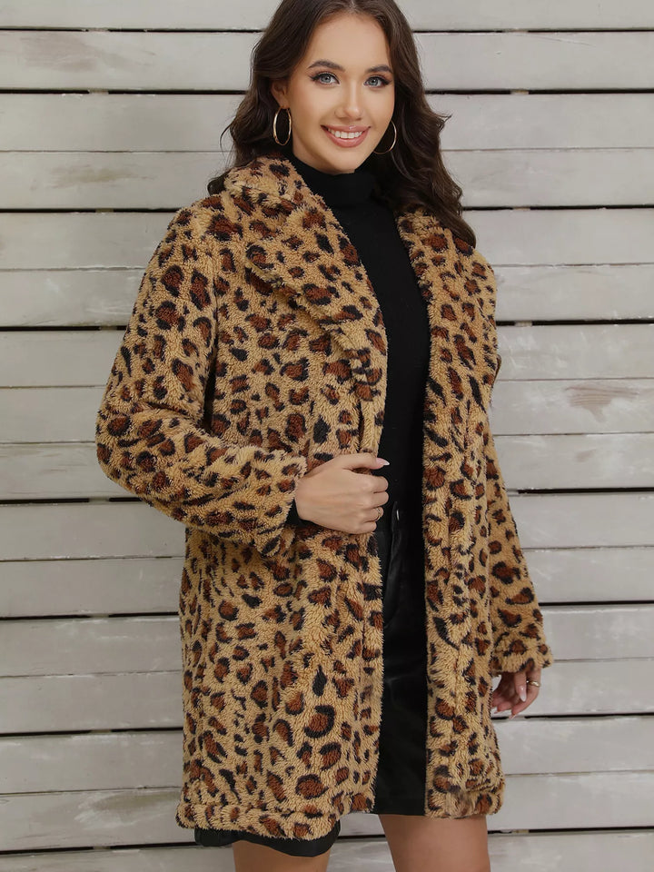 Leopard print fuzzy teddy coat with lapel collar