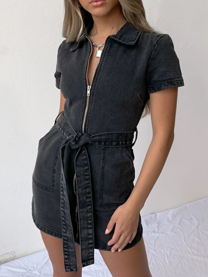 Black Zip front short sleeve denim mini dress with tie waist