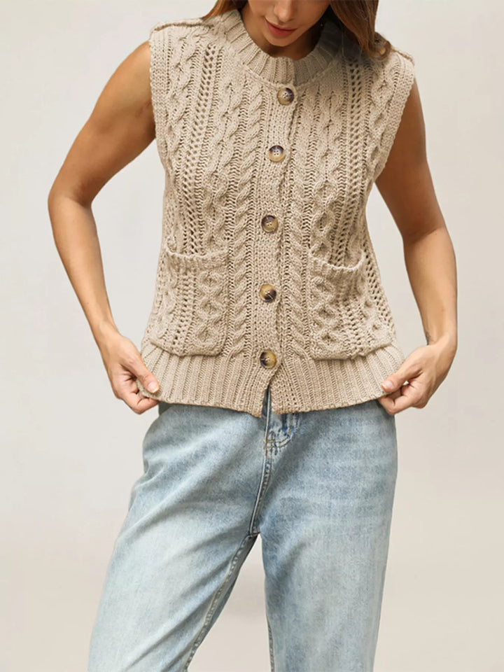 Cable knit button-down sweater vest with patch pockets