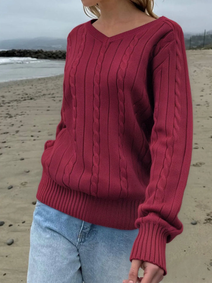 Cable knit V-neck pullover sweater with ribbed trim