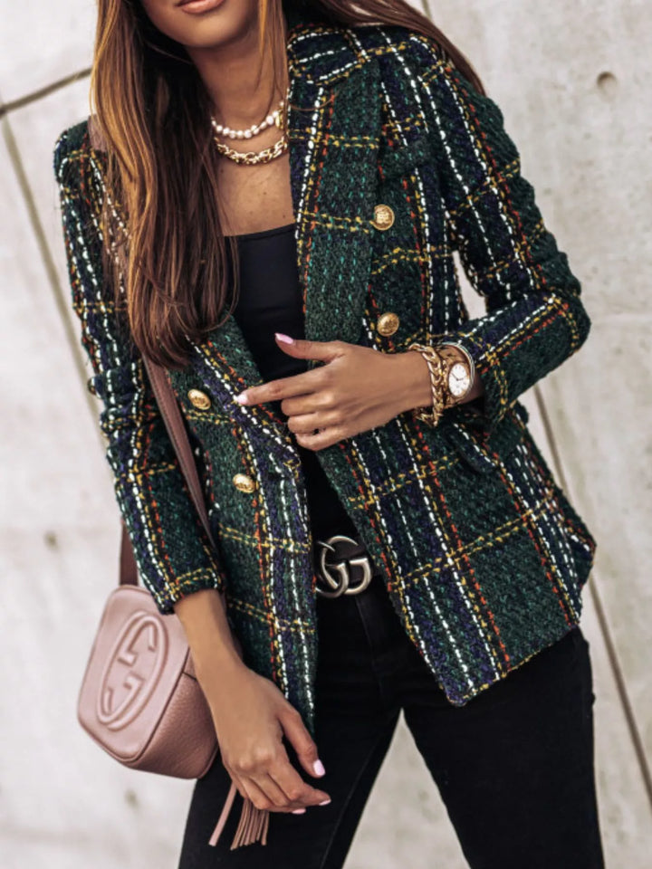 Dark Green Plaid tweed double-breasted blazer with gold buttons