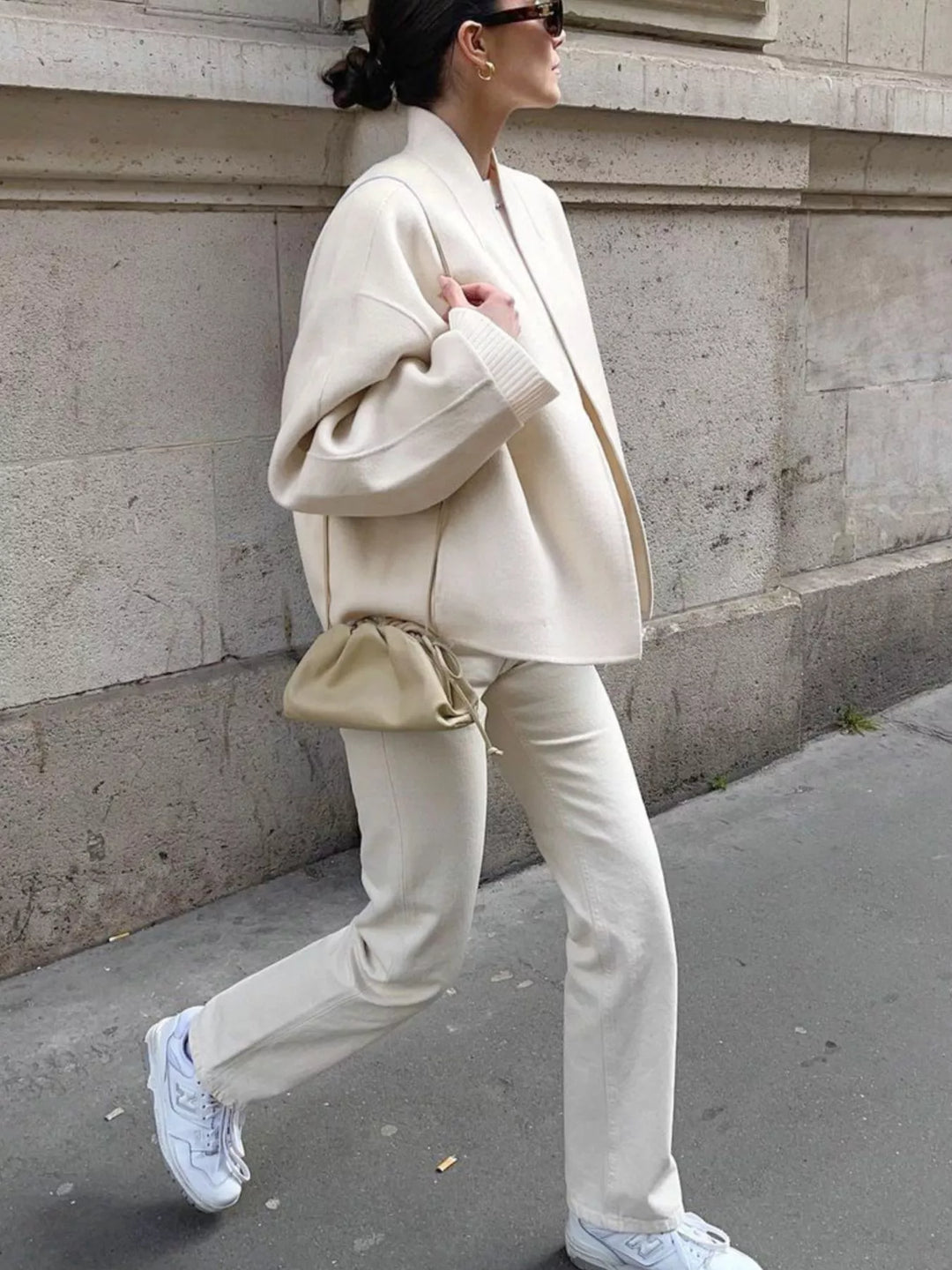 Dropped-shoulder open-front cropped jacket with shawl collar