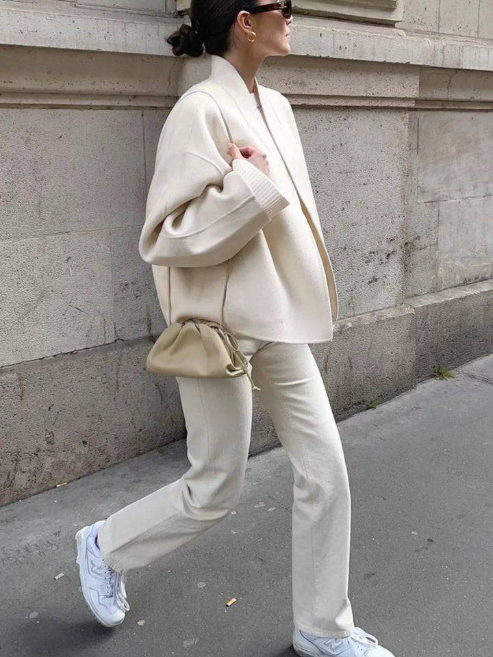 Dropped-shoulder open-front cropped jacket with shawl collar