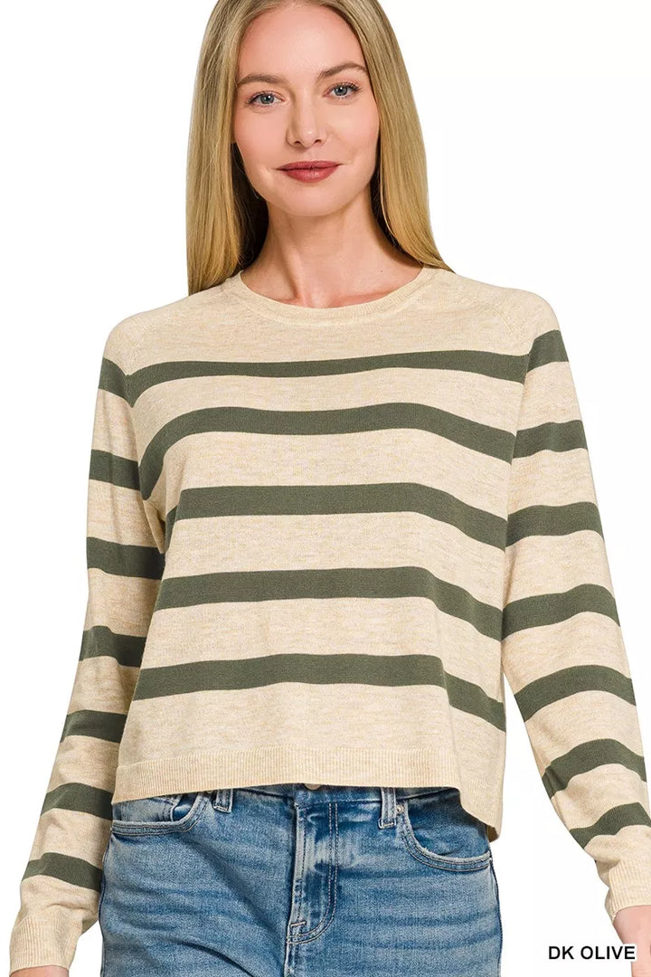 Striped ribbed knit crew neck pullover sweater