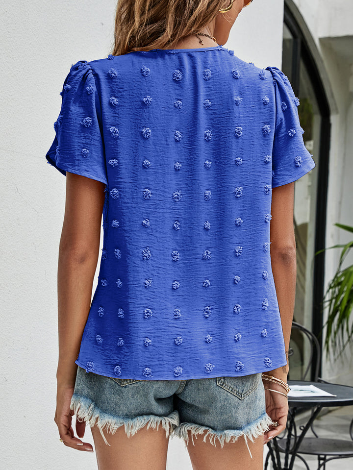 Swiss dot petal sleeve top with pleated round neck