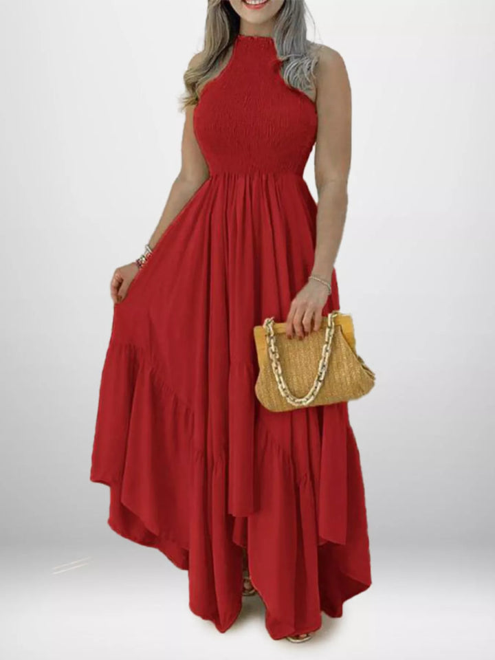 Deep Red Smocked sleeveless tiered maxi dress with ruffle hem