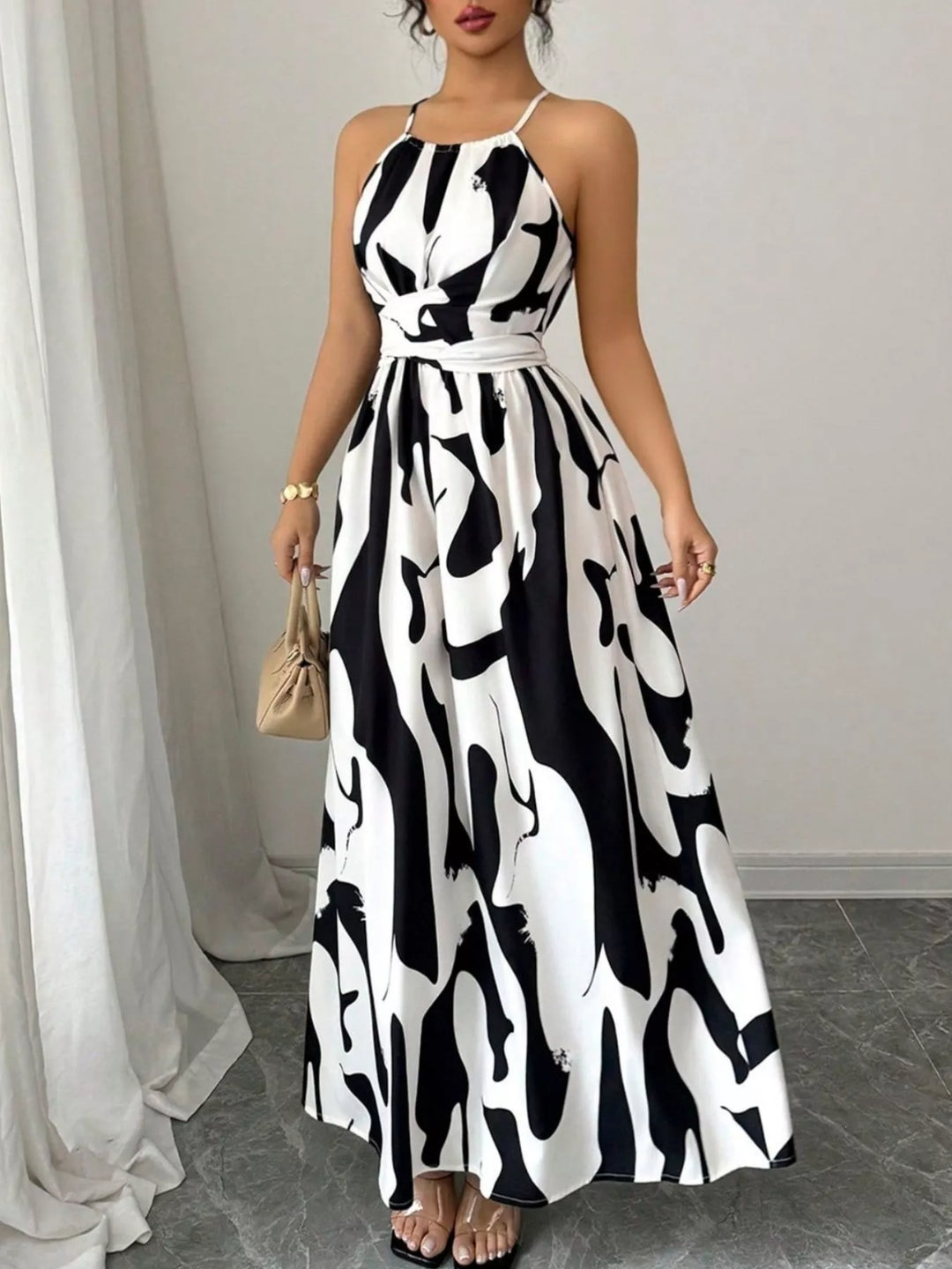 White Abstract brushstroke print halter maxi dress with tie waist