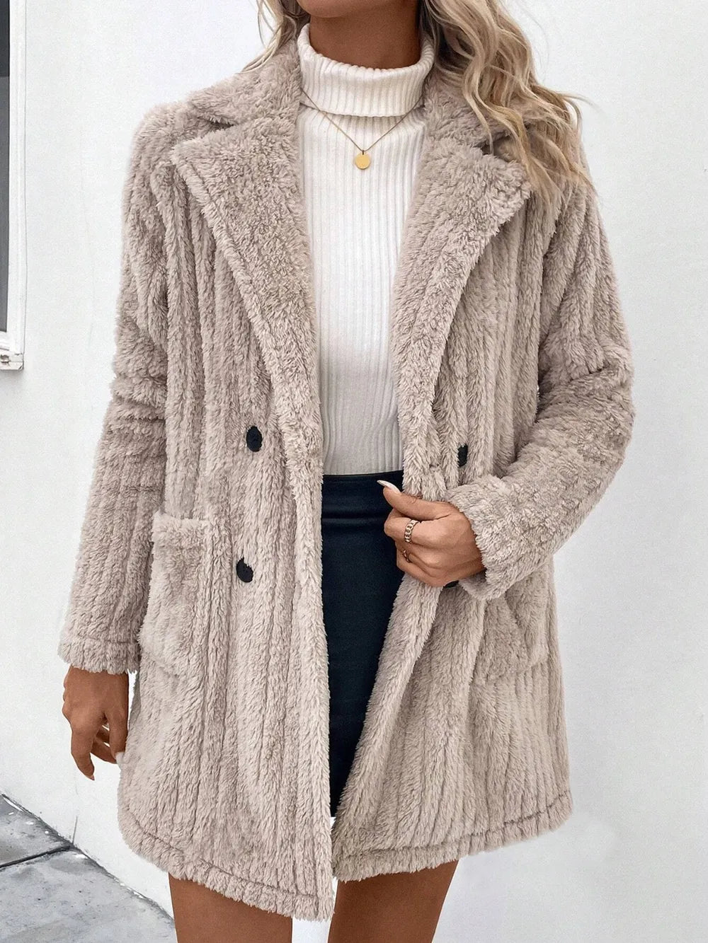 Fuzzy fleece notch lapel longline coat with pockets