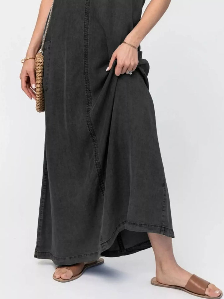 Washed denim cami maxi dress with side pockets