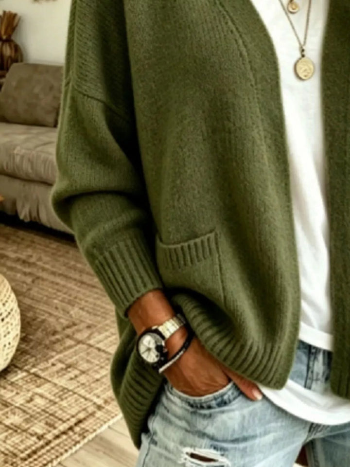 Open front knit cardigan with patch pockets and ribbed trim