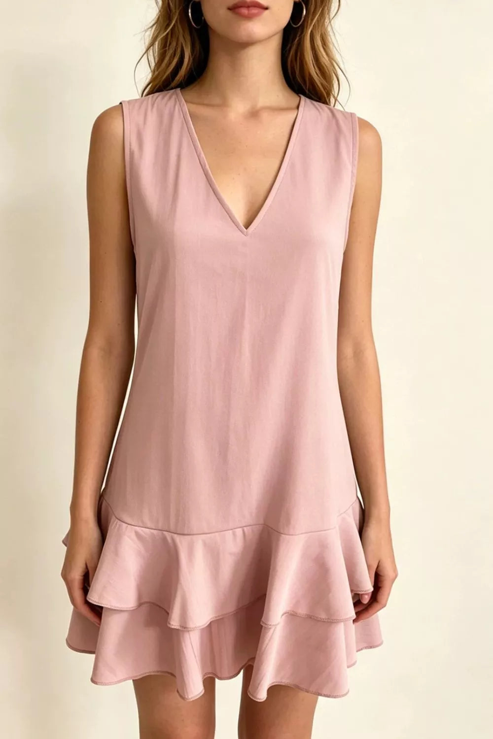 Dusty Pink Full Size Sleeveless V-Neck Ruffle Hem Mini Dress Plus Size