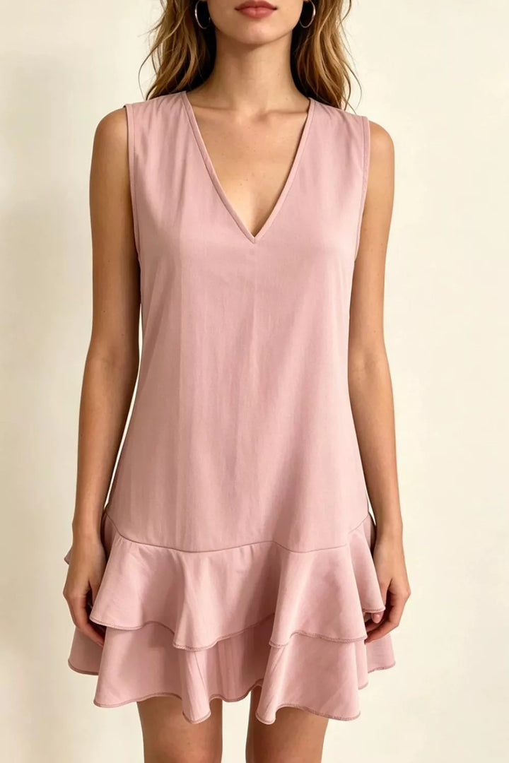 Dusty Pink Full Size Sleeveless V-Neck Ruffle Hem Mini Dress Plus Size
