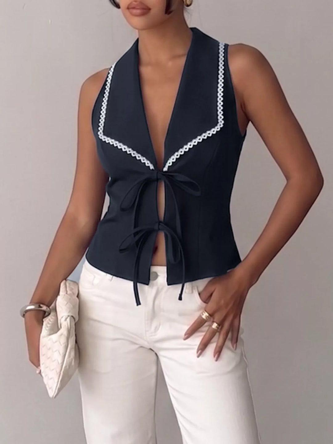 Lace-trim lapel tie-front sleeveless vest top