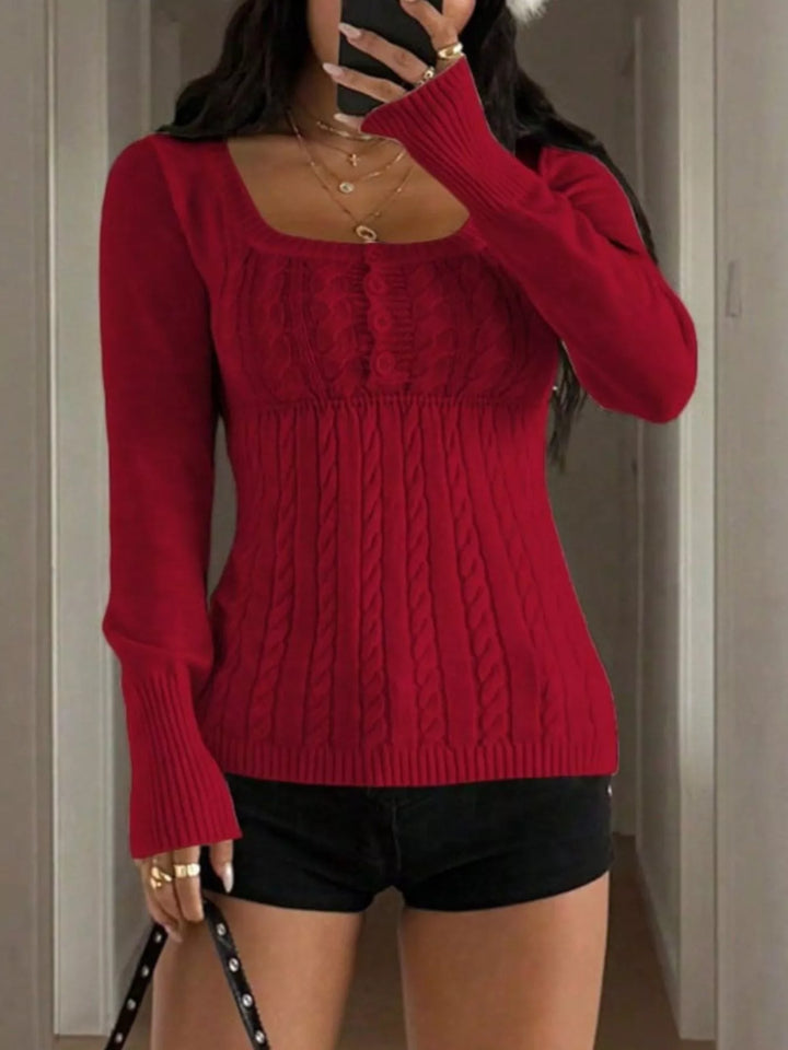 Fitted cable knit sweater with button-front placket