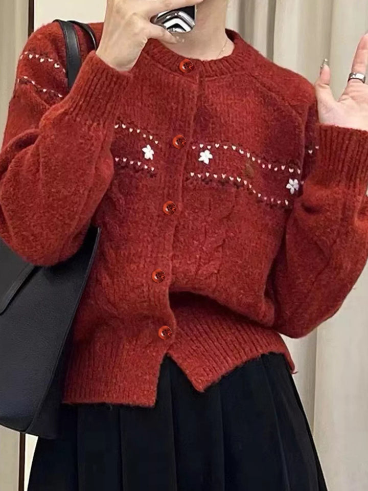 Red Floral embroidered cable-knit button-up cardigan