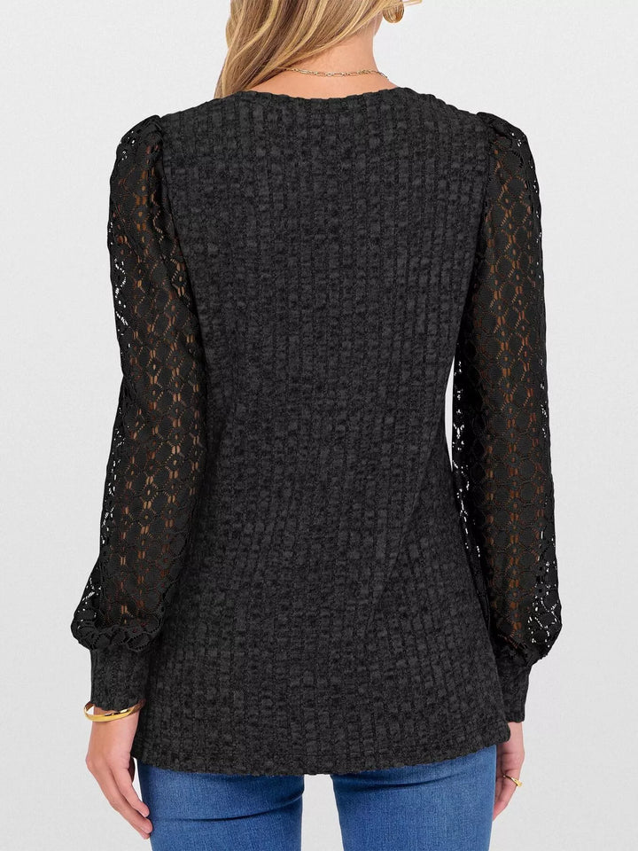 Sheer lace sleeve ribbed knit V-neck top