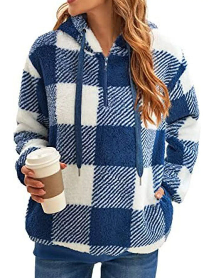 Blue Plaid sherpa quarter-zip hoodie with front pocket