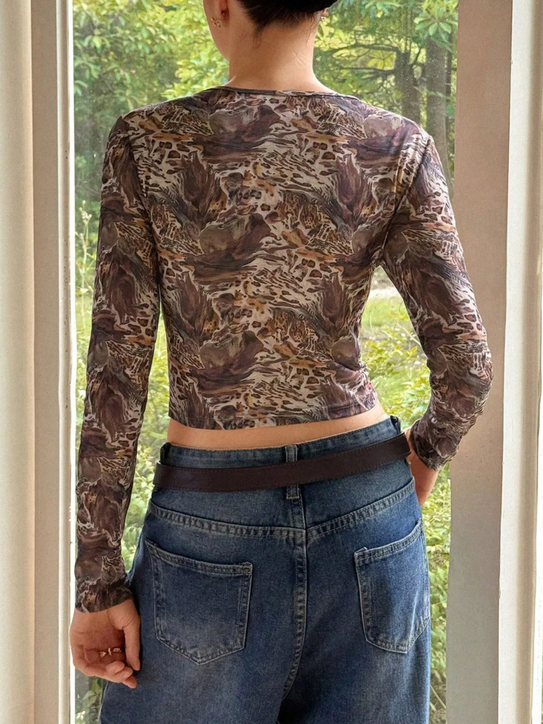 Leopard print sheer mesh long sleeve crew neck top