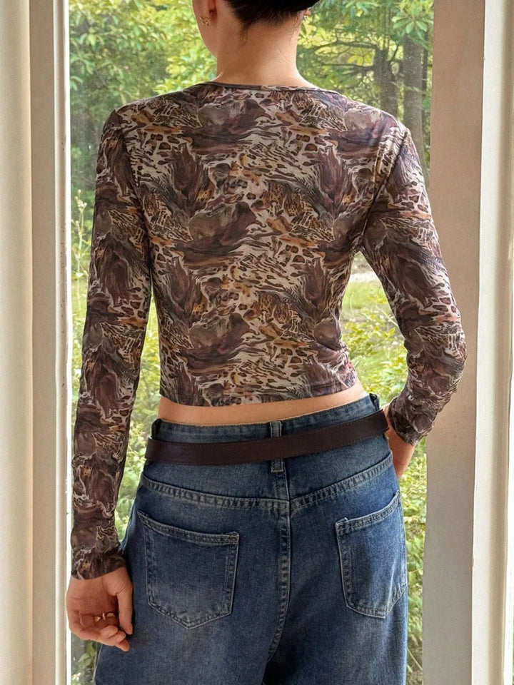 Leopard print sheer mesh long sleeve crew neck top