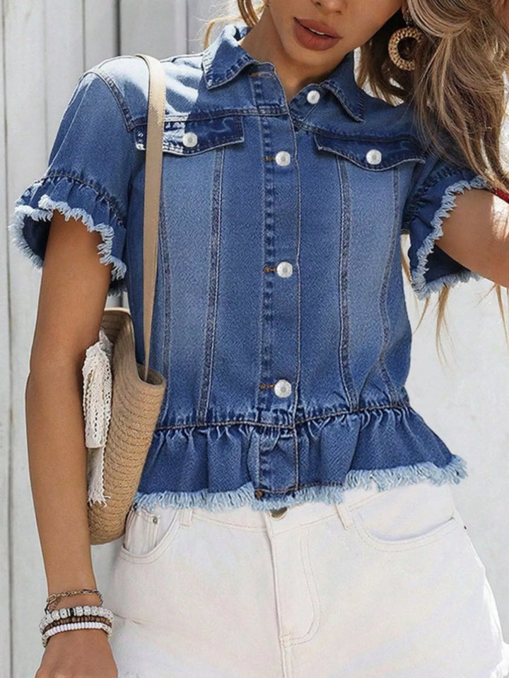 Ruffle hem short sleeve denim jacket with frayed trim