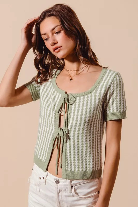 Tie-front striped short sleeve knit cardigan