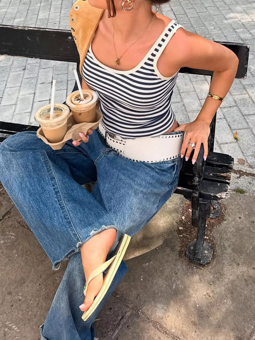 Striped ribbed scoop neck cropped tank top