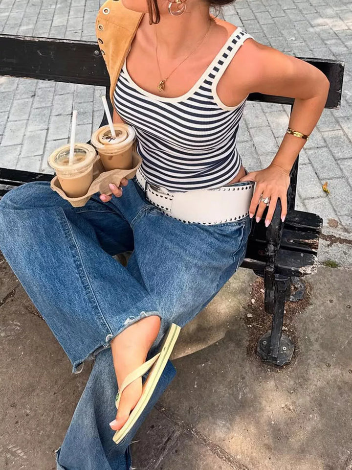 Striped ribbed scoop neck cropped tank top