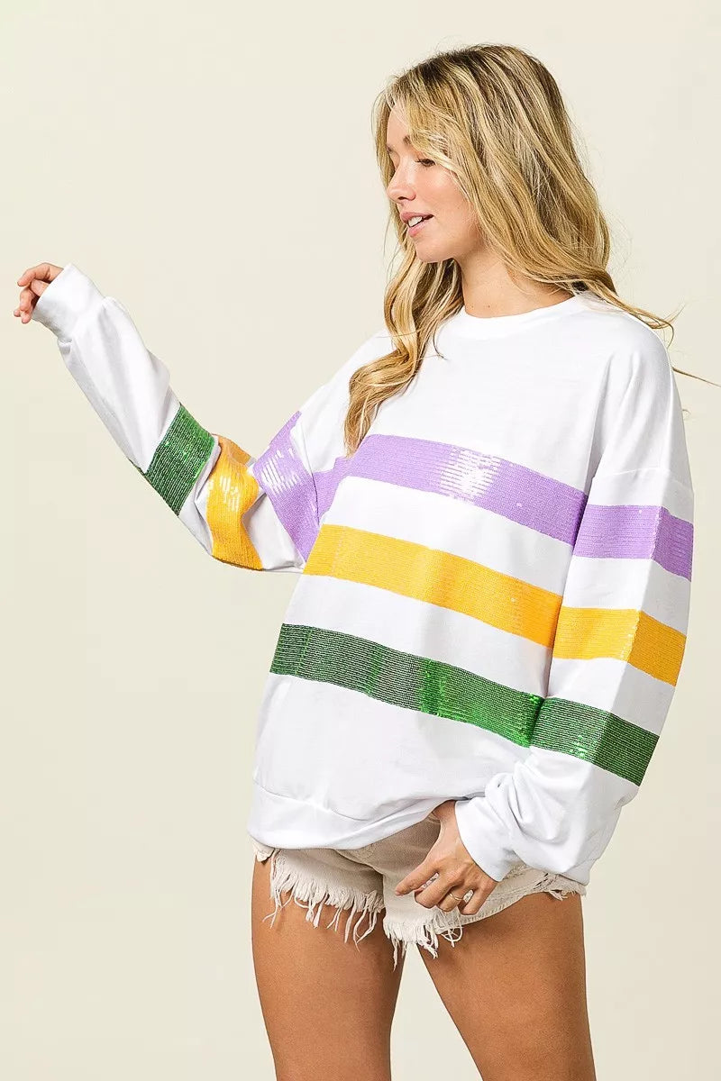 Sequin stripe Mardi Gras crewneck sweatshirt