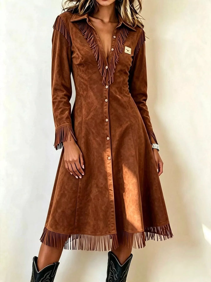 Fringe-trim faux suede button-down midi shirt dress
