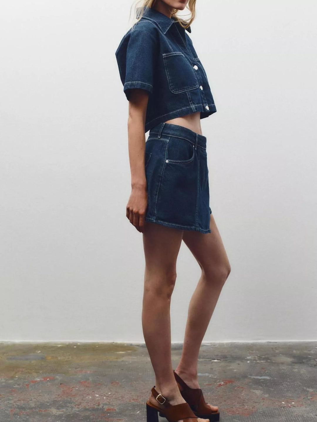Contrast-stitch denim button-up crop shirt and skort set