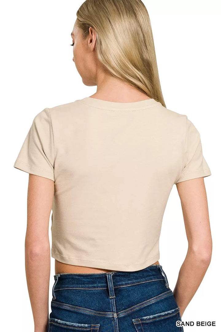 Short sleeve cotton crop top with round neck