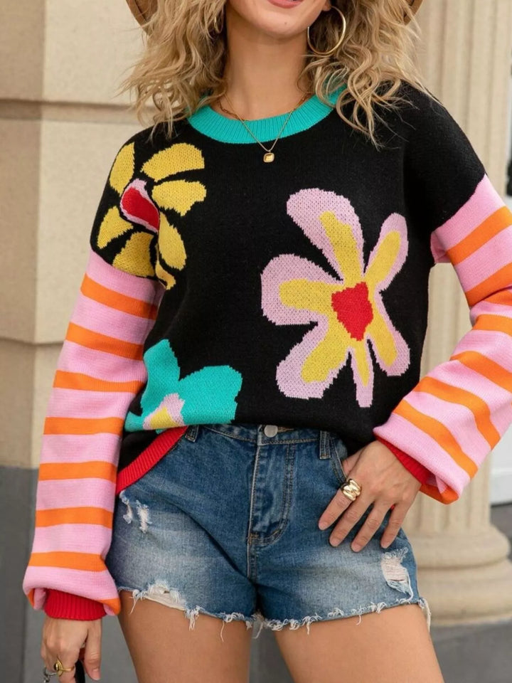 Mod floral crew neck sweater with striped sleeves