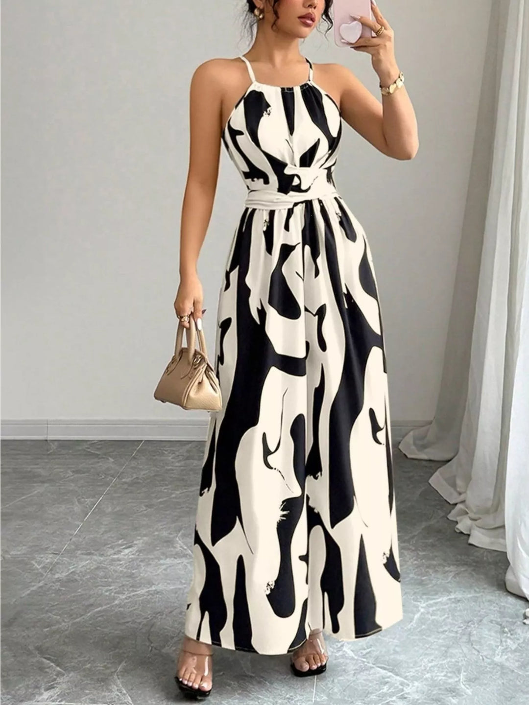 Abstract brushstroke print halter maxi dress with tie waist