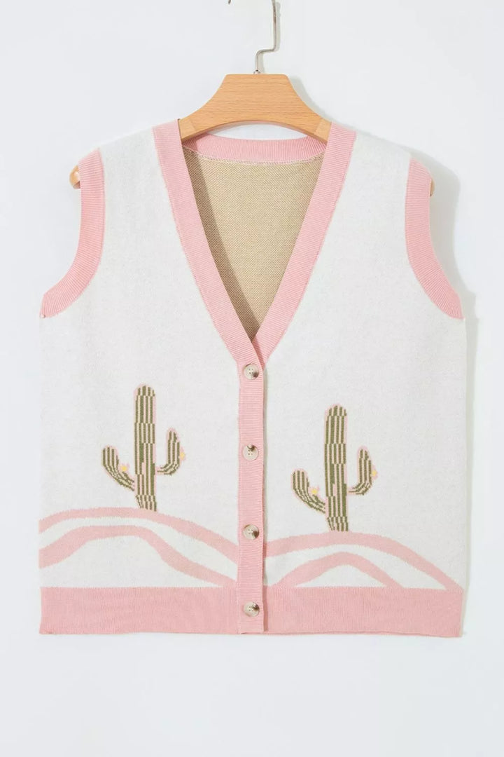 Cactus knit button-front sweater vest with contrast trim