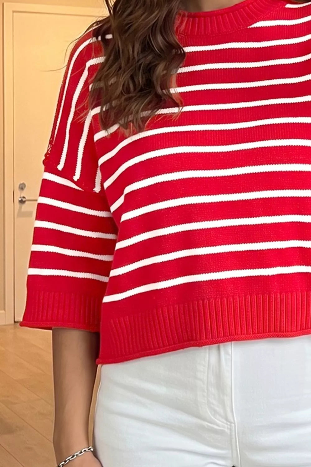 Striped drop-shoulder half sleeve knit sweater