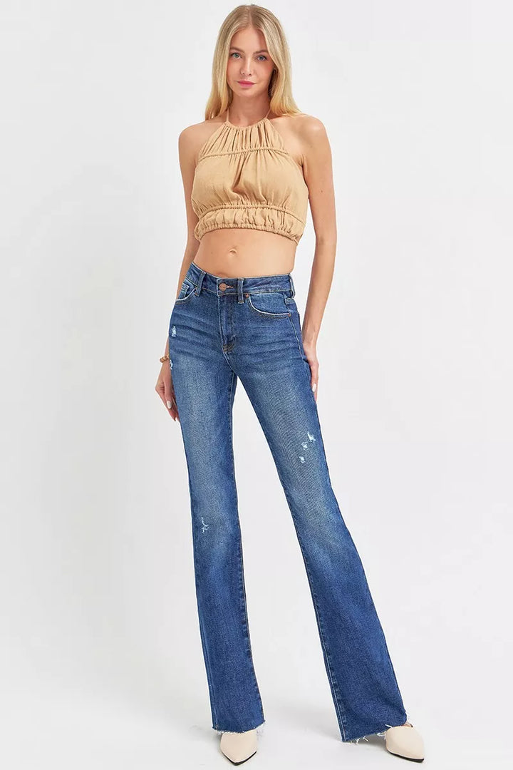 Distressed mid-rise flare jeans with raw hem